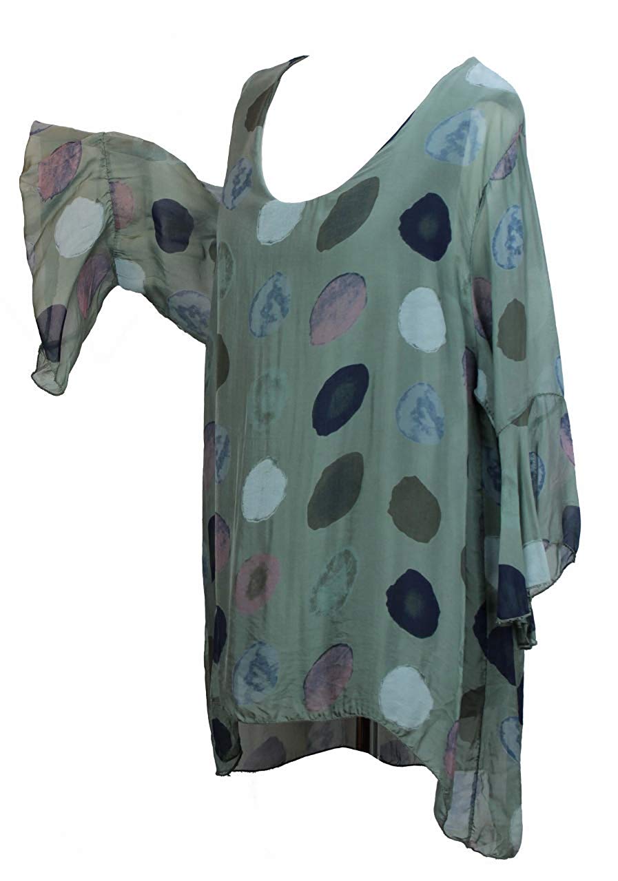 BZNA Seiden Tunika Verde Grün Bluse mit Punkten pünktchen Muster Seidentunika Trompeten Ärmel 36 40 42 one size Damen Dress Oberteil elegant