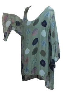 BZNA Seiden Tunika Verde Grün Bluse mit Punkten pünktchen Muster Seidentunika Trompeten Ärmel 36 40 42 one size Damen Dress Oberteil elegant