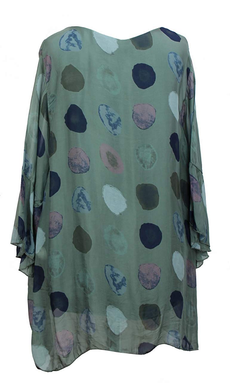 BZNA Seiden Tunika Verde Grün Bluse mit Punkten pünktchen Muster Seidentunika Trompeten Ärmel 36 40 42 one size Damen Dress Oberteil elegant