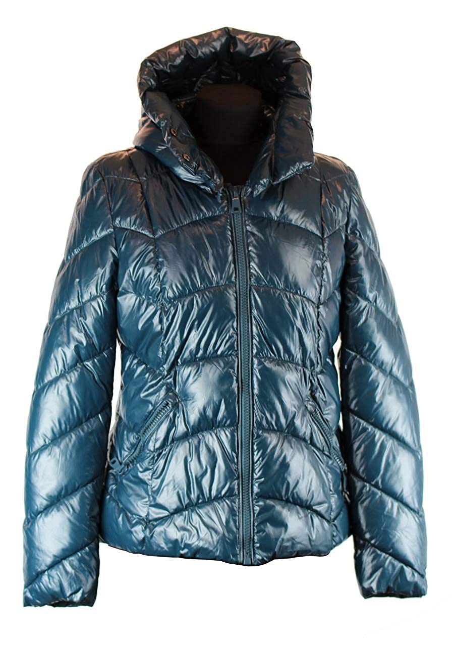 Petrol Blau glänzend warm Größe: L/XL Damen Kragen Kapuzenjacke gefüttert Winterjacke Parka Steppjacke mit Kapuze warm & Winddicht