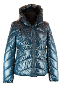 Petrol Blau glänzend warm Größe: L/XL Damen Kragen Kapuzenjacke gefüttert Winterjacke Parka Steppjacke mit Kapuze warm & Winddicht