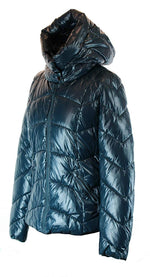 Load image into Gallery viewer, Petrol Blau glänzend warm Größe: L/XL Damen Kragen Kapuzenjacke gefüttert Winterjacke Parka Steppjacke mit Kapuze warm &amp; Winddicht
