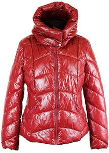 BZNA Rot glänzend warm Größe: M/L Damen Kragen Kapuzenjacke gefüttert Winterjacke Parka Steppjacke mit Kapuze warm & Winddicht